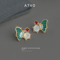 Gold-Tone Green Enamel Butterfly Stud Earrings Rhinestone view 3