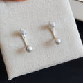Square Stud Pearl Drop Earrings with Curved Silver Tone Stems view 6