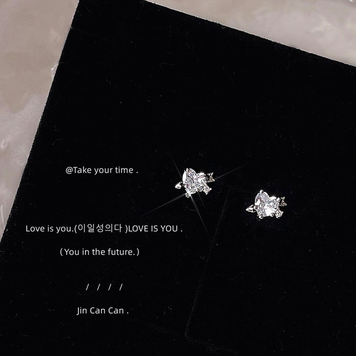 Silver Mini Heart Clear Stone Arrow Stud Earrings Pair