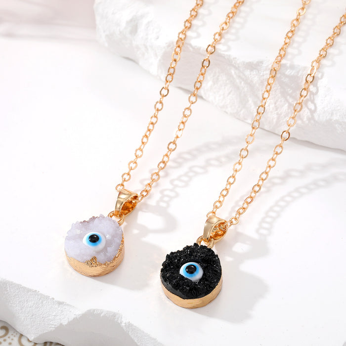 Gold Tone Black and White Druzy Round Blue Evil Eye Pendant Necklaces