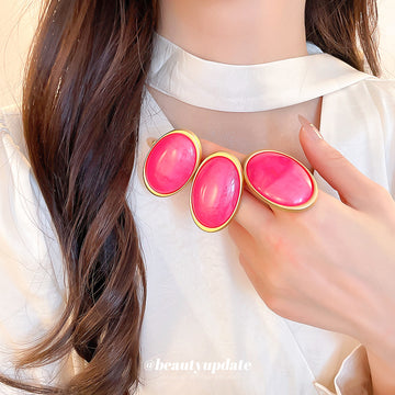 Pink Resin Oval Stud Earrings and Matching Gold Ring