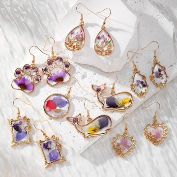 Gold Tone Pressed Flower Resin Drop Earrings 7 Shapes