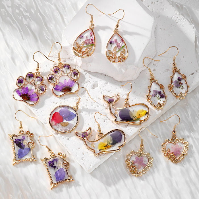 Gold Tone Pressed Flower Resin Drop Earrings 7 Shapes
