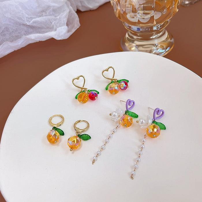 Orange Crystal Fruit Drop Earrings Gold Huggie and Heart Styles