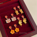 CNY Lion Dance Snake Fortune Red Gold Charm Earrings Set view 1