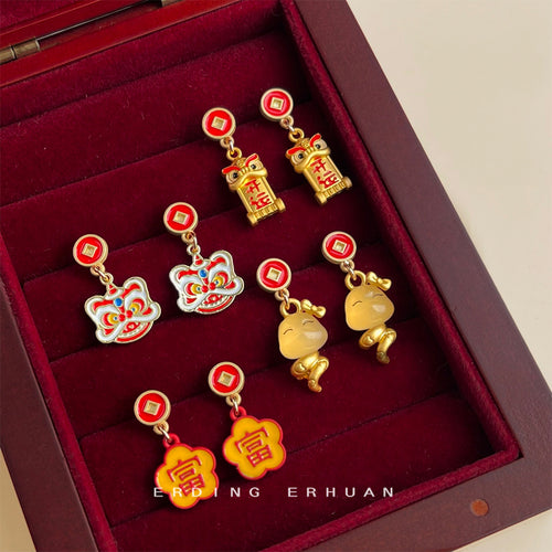 Four CNY lion snake wealth charm earring pairs in red box