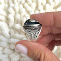 Antique Silver-Tone Brass Ring with Oval Blue-Green Cabochon view 3