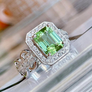Green Rectangular Halo Cluster Ring In Polished Silver Tone