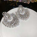 Silver Tone Crystal Floral Pearl Chandelier Earrings view 6