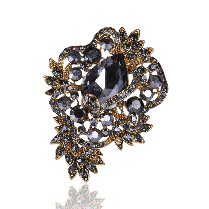 Crystal Flower and Leaf Brooch in Two Dark Finishes