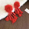 Red Pom Pom and Tassel Statement Earrings in Three Styles view 7