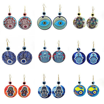 Gold Tone Round Printed Hamsa and Evil Eye Hook Earrings in Ten Designs