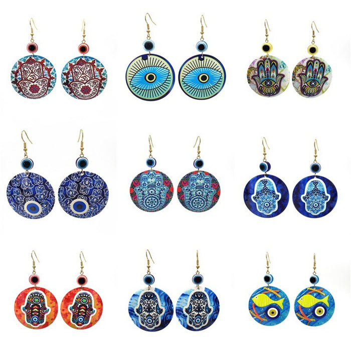 Gold Tone Round Printed Hamsa and Evil Eye Hook Earrings in Ten Designs