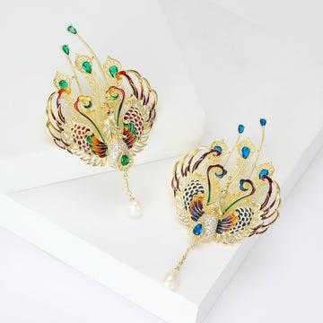 Double Phoenix Crystal Brooch With Feather Fans and Pearl Drop
