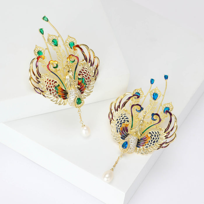 Double Phoenix Crystal Brooch With Feather Fans and Pearl Drop