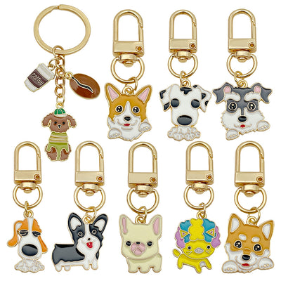 Catalog view of the pictured colorful dog breed metal clasp keychain on a light background