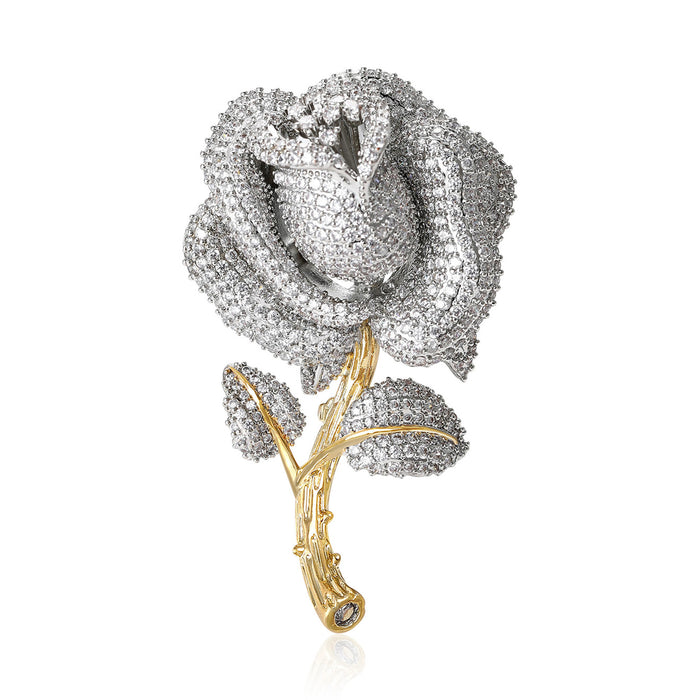 Pavé Crystal Rose Brooch Two Tone Silver Gold Stem