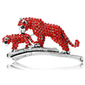 Red Rhinestone Twin Leopard Brooch on Silver Branch view 1
