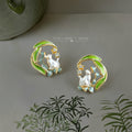 Gold Tone Green Leaf White Cat And Orchid Scene Stud Earrings view 4