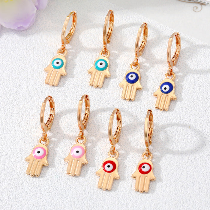 Gold Tone Colorful Enamel Hamsa Evil Eye Huggie Earrings