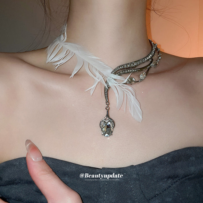 Silver Feather and Crystal Drop Necklace with Layered Chains