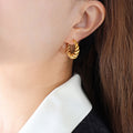 Gold Steel Twisted Rope C-Shape Hoop Stud Earrings view 4