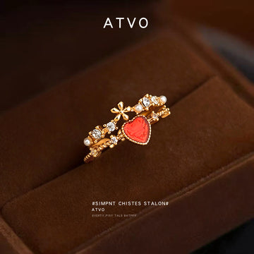 Gold Open Adjustable Red Heart Ring Pearl CZ Flower