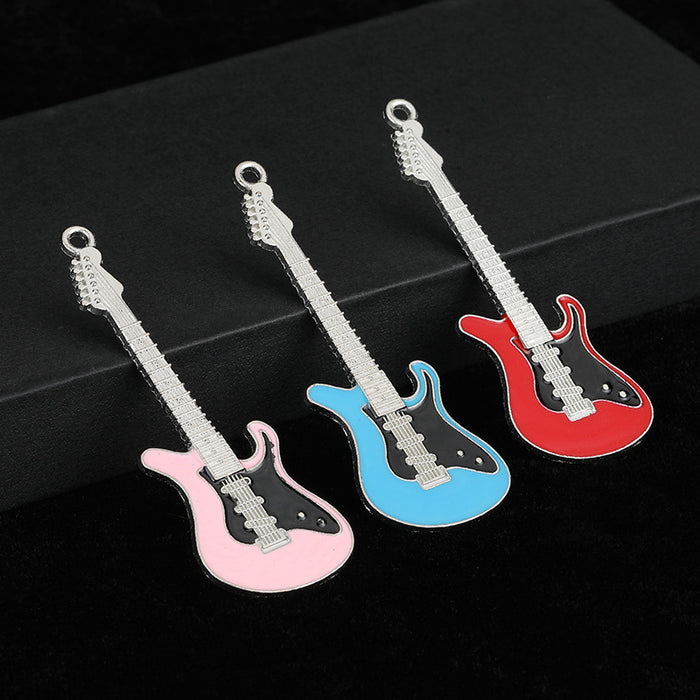 Enamel Electric Guitar Charm Pendants Silver-Tone Frame Six Colors