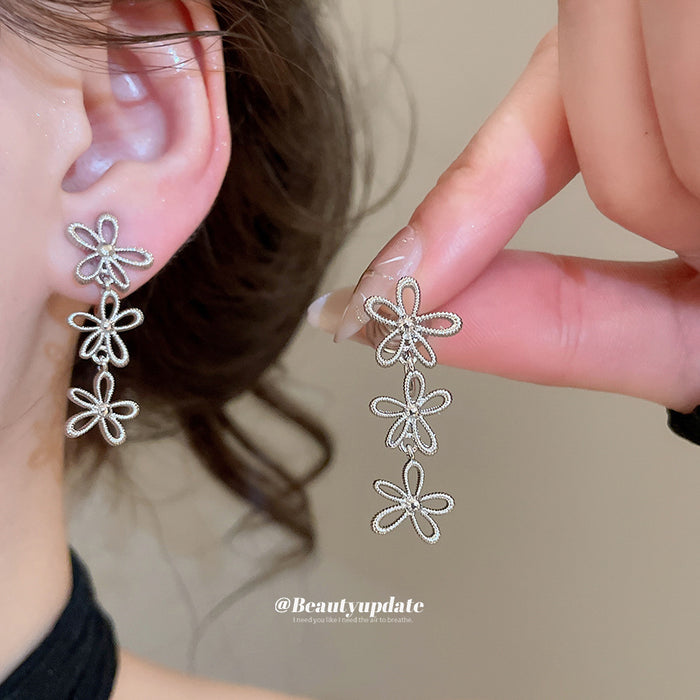 Silver Open Flower Linear Clip On Earrings Statement Jewelry Design