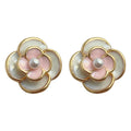 Gold Pink White Enamel Camellia Pearl Stud Earrings view 5