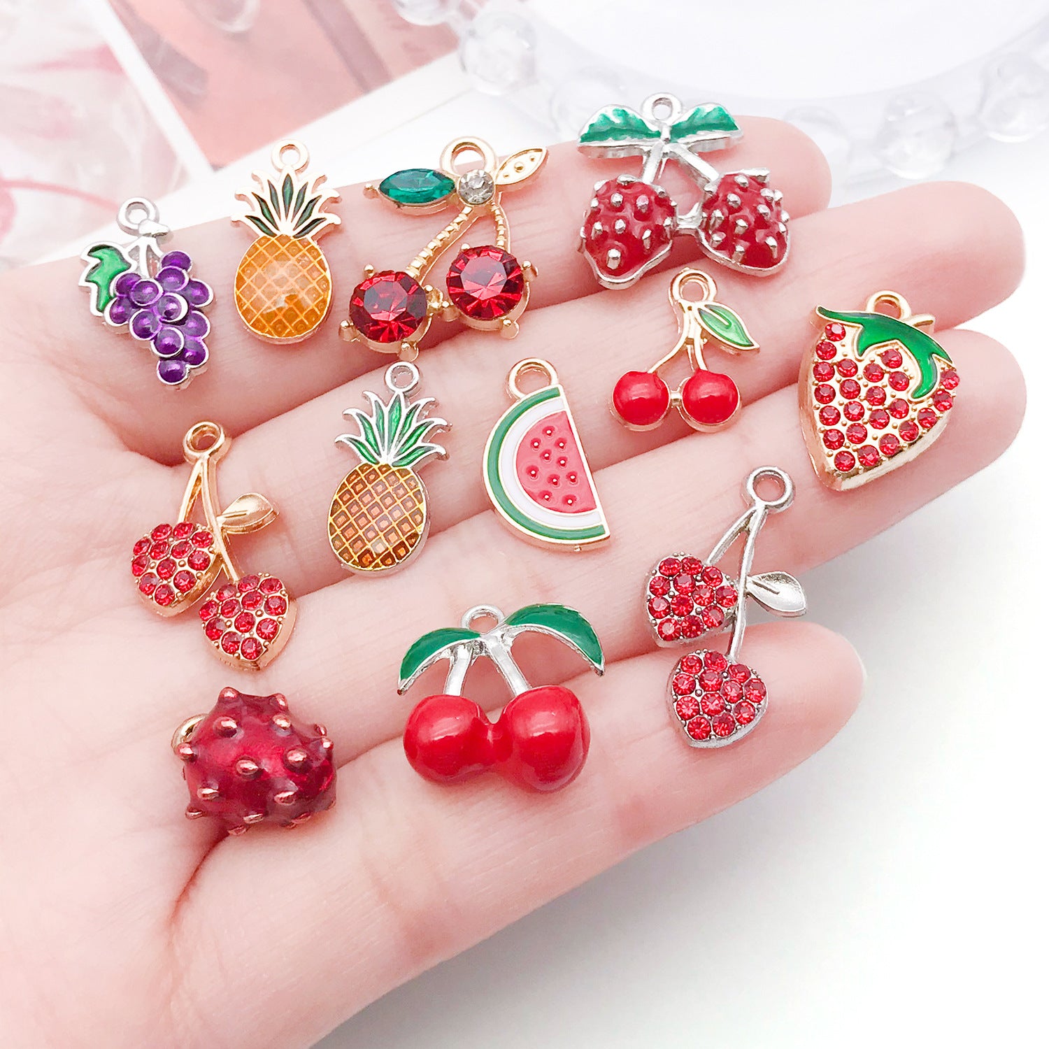Enamel Zinc Alloy Strawberry Cherry Watermelon Fruit Charm Pendant for DIY Earrings