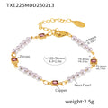 Gold Steel Faux Pearl Square Pink Zircon Necklace and Bracelet Set view 8