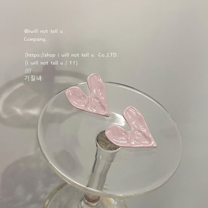 Soft Pink Glossy Enamel Wavy Heart Stud Earrings Pair
