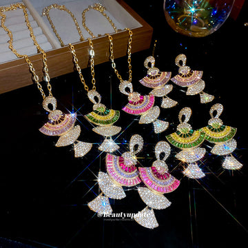 Fan Crystal Necklace Or Earrings In Purple Pink Or Green