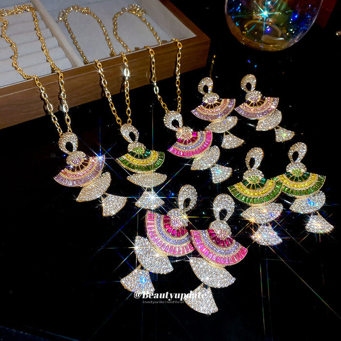 Fan Crystal Necklace Or Earrings In Purple Pink Or Green