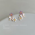 Gold Tone Purple Bud White Pearl Butterfly Branch Stud Earrings view 3