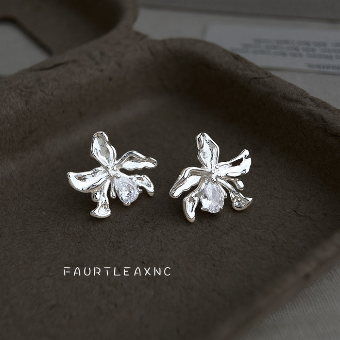 Silver Liquid Flower Crystal Teardrop Stud Earrings