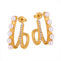 J Shape Pearl Rhinestone Dual Curve Earrings Gold Steel view 5