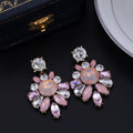 Red Silver Tone Pink Crystal Floral Cluster Metal Dangle Earrings view 4
