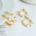 White Enamel C Hoop Earrings Gold Floral Bead Accents view 3