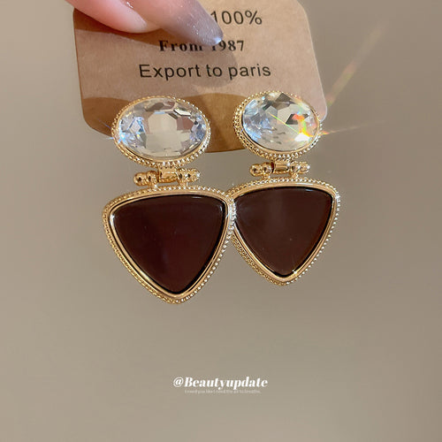 Brown Triangle Drop Earrings with Clear Crystal Studs in supplied detail view 2