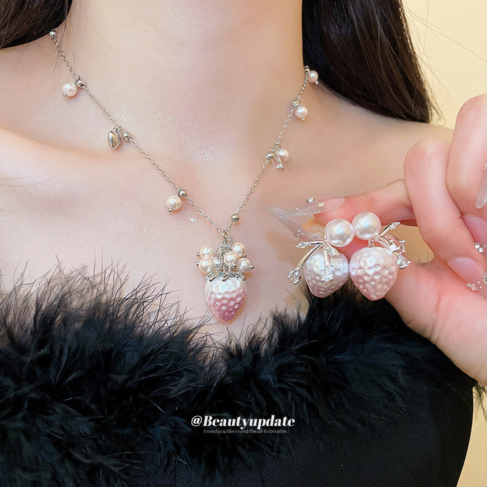 Pink Strawberry Pearl Drop Earrings And Pendant Necklaces