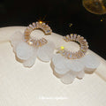 Gold Tone Crystal Hoop Stud Earrings With White Petal Drops view 4