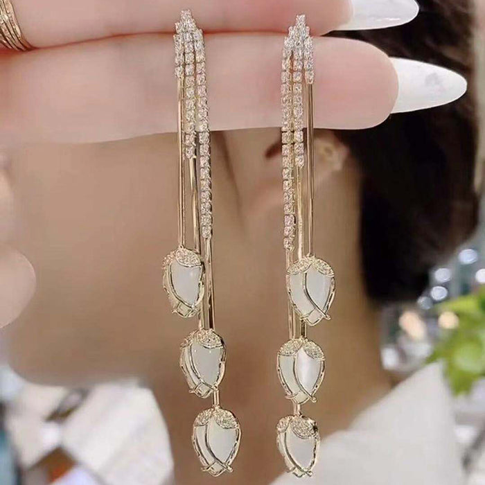 Gold Tone Tulip Crystal Long Drop Earrings Jewelry