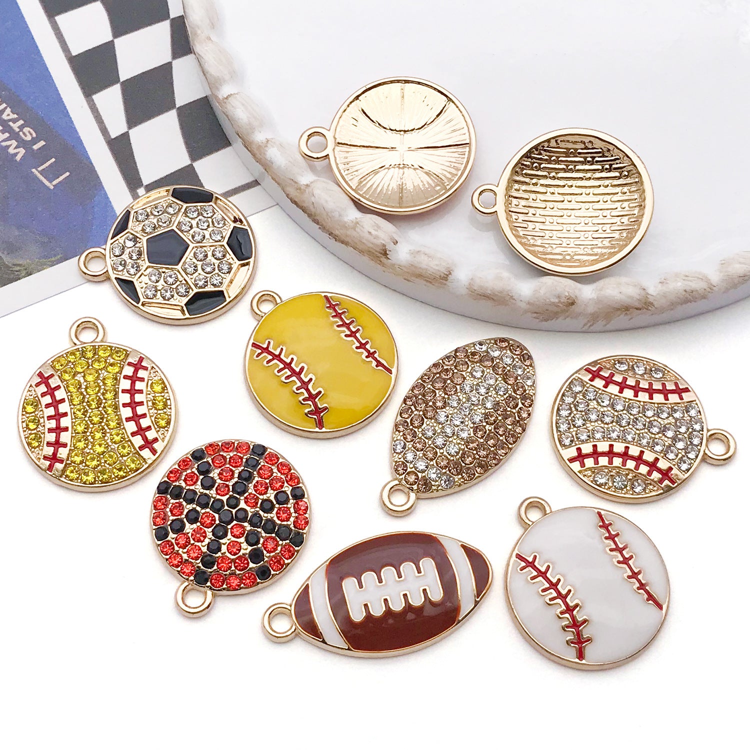 Rhinestone Enamel Zinc Alloy Basketball Charm Pendant for DIY Necklace Keychain Jewelry