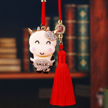 Jeweled Smiling Cow Car Hangers in Five Colors with Red Tassels