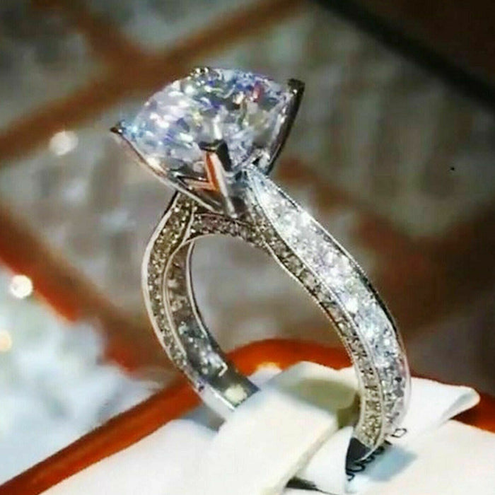 Silver Tone Princess Cut Solitaire Ring With Pavé Split Band