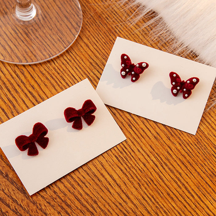 Red Flocked Bow and Butterfly Statement Stud Earrings