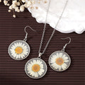 Silver Tone Round Daisy Pendant Necklace Hook Earrings and Set view 1