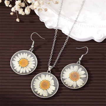 Silver Tone Round Daisy Pendant Necklace Hook Earrings and Set
